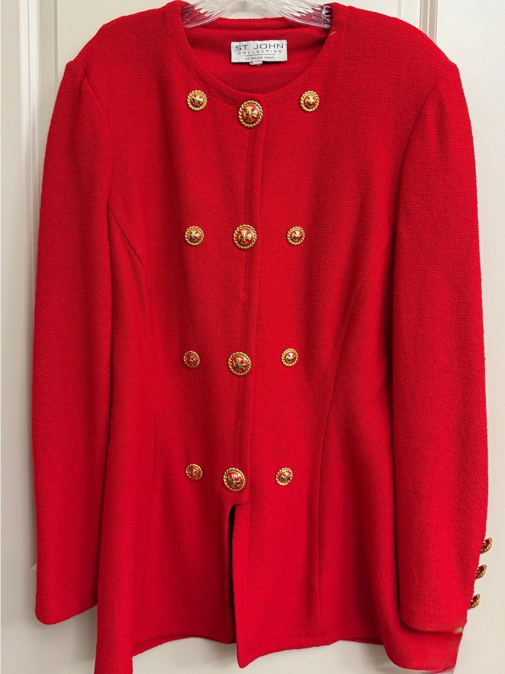 St. John Red Knit Blazer with Gold Buttons
